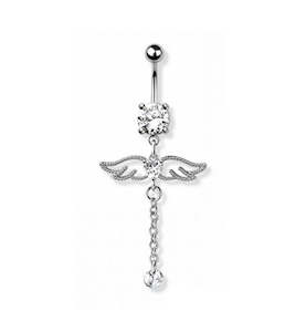 SS316L Jewelled Angel Wings Fancy Banana Bar with CZ Chain Dangle - 551