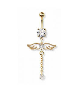 Gold Jewelled Angel Wings Fancy Banana Bar with CZ Chain Dangle - 551A