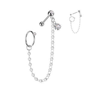 SS316L Jewelled Cartilage Barbell with Pearl Chain CZ Dangle And CZ Hoop  - E524