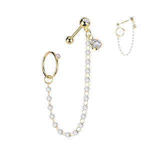 Gold Jewelled Cartilage Barbell with Pearl Chain CZ Dangle And CZ Hoop  - E524A