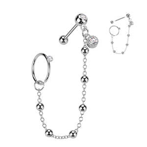 SS316L Jewelled Cartilage Barbell with Ball Chain CZ Dangle And CZ Hoop  - E525