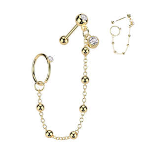 Gold Jewelled Cartilage Barbell with Ball Chain CZ Dangle And CZ Hoop  - E525A