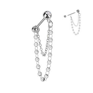 SS316L Jewelled Cartilage Barbell with Pearl Chain Dangle  - E526