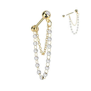 Gold Jewelled Cartilage Barbell with Pearl Chain Dangle  - E526A