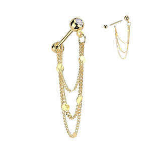 Gold Jewelled Cartilage Barbell with Round Disc Triple Chain Dangle  - E527A