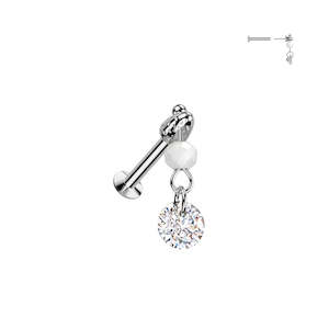 Jewellery: SS316L Steel Convex Base Stud with CZ Round Jewel And Glass Bead Dangle Threadless Push In Labret 16 Gauge - TT216