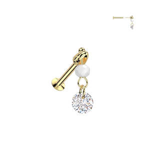 Gold SS316L Steel Convex Base Stud with CZ Round Jewel And Glass Bead Dangle Thr…