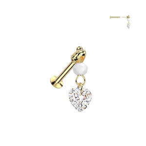 Gold SS316L Steel Convex Base Stud with Jewelled Heart And Glass Bead Dangle Thr…