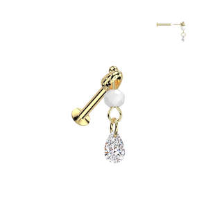 Gold SS316L Steel Convex Base Stud with Jewelled Teardrop And Glass Bead Dangle …