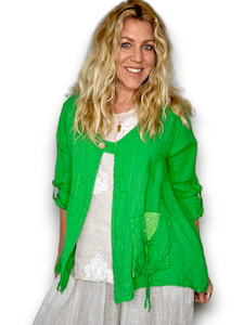 Helga May Bright Green Plain Sequin Pocket Linen Jacket