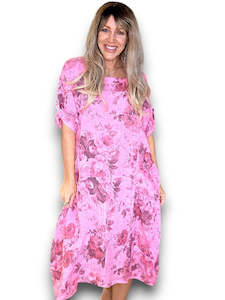 Helga May Neon Pink Scarlett Rose Button Sleeve Maxi Dress