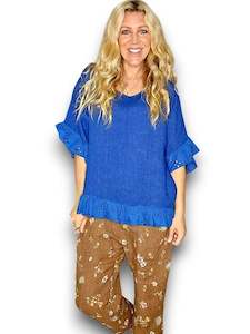 Clothing: Helga May Plain Cobalt Eyelet Lace Edge Tunic Top