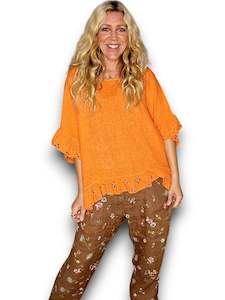 Clothing: Helga May Plain Orange Eyelet Lace Edge Tunic Top