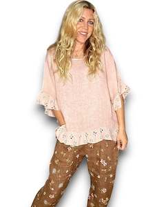 Helga May Plain Baby Pink Eyelet Lace Edge Tunic Top