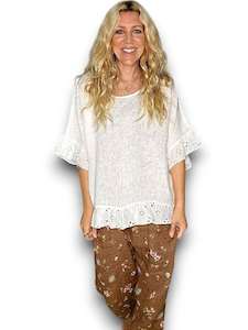 Clothing: Helga May Plain White Eyelet Lace Edge Tunic Top