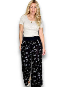 Helga May Black Windy Bloom Wide Elastic Waist Linen Pant With Pockets