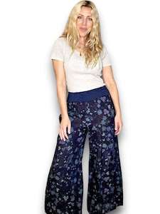 Clothing: Helga May Navy Wild Garden Wide Elastic Waist Linen Pant With Pockets