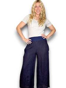 Clothing: Helga May Navy Wide Elastic Waist Linen Pant With Pockets