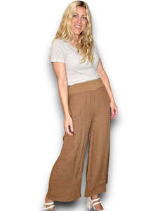 Helga May Coffee Wide Elastic Waist Linen Pant With Pockets