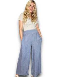 Clothing: Helga May Petrol Wide Elastic Waist Linen Pant With Pockets