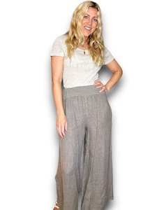 Clothing: Helga May Mocha Wide Elastic Waist Linen Pant With Pockets