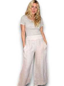 Clothing: Helga May Beige Wide Elastic Waist Linen Pant With Pockets