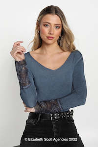 Elizabeth Scott Indigo Long Sleeve T With French Lace Trim