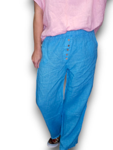 Clothing: Helga May Turquoise Plain Front Button Linen Pants