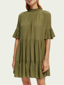 Maison Short Dress With Ruffle Sleeve-army