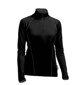 Merino Ladies Black Light-weight Half Zip. Made in New Zealand.