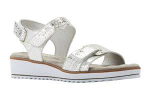 Shoe: Walking Cradle Halle Silver and White print Sandal in a W and WW Width