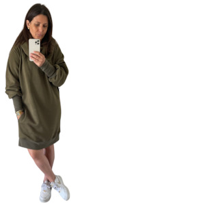 Internet only: Longline Julia Hoodie Dress Khaki Green