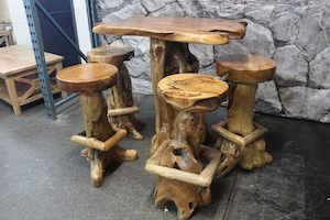 Furniture: Teak Root Bar Leaner & 4 Stools - All from Teak Root