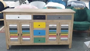 Furniture: Natural Multi-Coloured Buffet Cabinet/Side Table - Mindi Wood - 150cms