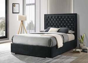 Ancona Headboard and Bed Frame - Queen Size -  BLACK Velvet WITH CRYSTAL