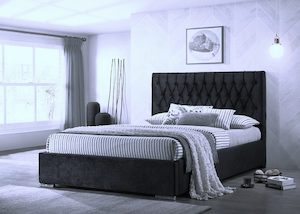 Dahlia Headboard and Bed Frame - Queen Size - Black Fabric & Dark Grey Velvet