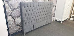 Dahlia Buttoned California King Headboard - Dark Grey Velvet