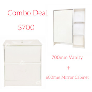 Combo Deal – White Combo – 700mm Free Standing Vanity + 600mm Mirror Cabinet