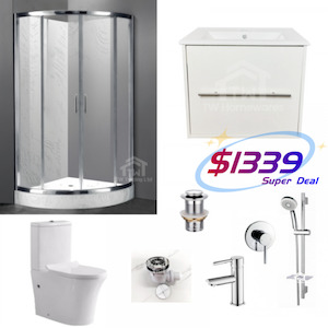 Bathroom Combo B – Shower Box Curved 1000mm+Vanity 600mm+Tapware+Toilet