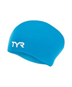 Swim Caps: TYR Wrinkle-Free Long Hair Youth Silicone Cap - Blue