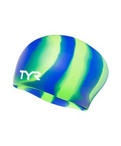 Swim Caps Equipment: TYR Multi Colour Silicone Long Hair Cap - Green/Blue