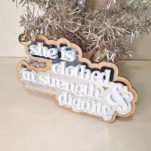 'She is clothed in strength' Layered Plaque