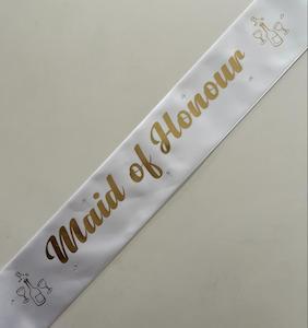 Hen Party Sashes: Maid of Honour Sash - White with Gold *NEW FABRIC*