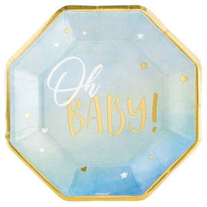 Baby Shower Decor: Oh Baby Blue/Gold Plates (8)