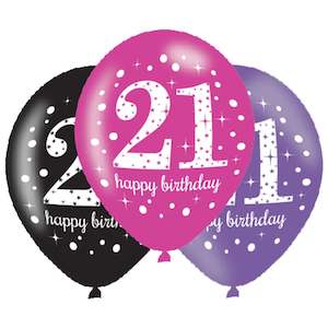 21st Birthday Balloons (6) - Pink/Purple/Black (27.5cm)