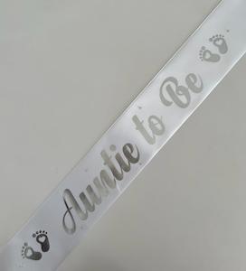 Baby Shower Sashes: Auntie to Be Sash - White with Silver *NEW FABRIC*