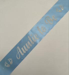 Baby Shower Sashes: Auntie to Be Sash - Pale Blue with Silver *NEW FABRIC*