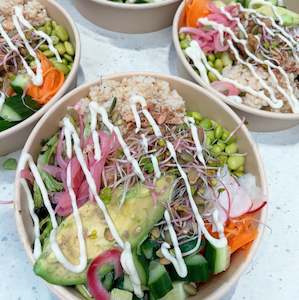 Sticky teriyaki chicken poke bowl