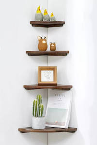 Plant, garden: Solid Oak Wood Wall-Mounted Floating Corner Shelf - Walnut