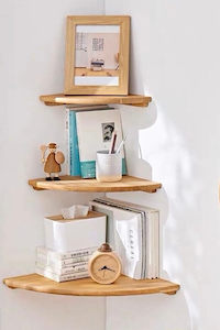 Solid Oak Wood Wall-Mounted Floating Corner Shelf - Natural